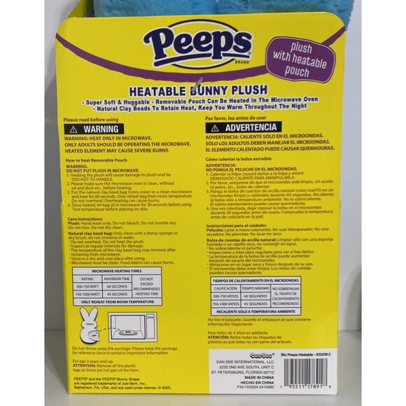 PEEPS Heatable Bunny Rabbit Plush 12" Blue Microwavable Warming Clay Bead Pouch - Picture 7 of 7